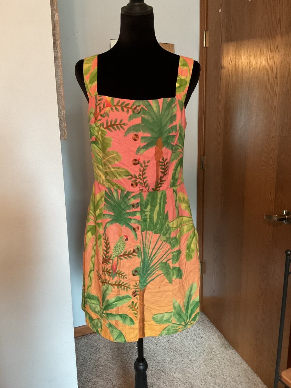 Farm Rio Pink Tropical Banana Leaf Print Sleeveless Button Front Mini Dress M